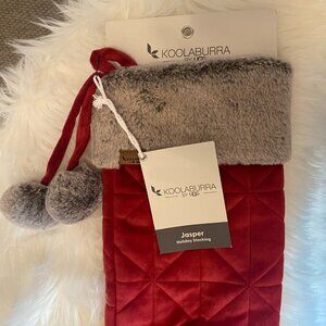 KOOLABURRA BY UGG CHRISTMAS STOCKING JASPER RED QUILTED GRAY FAUX FUR POM POMS